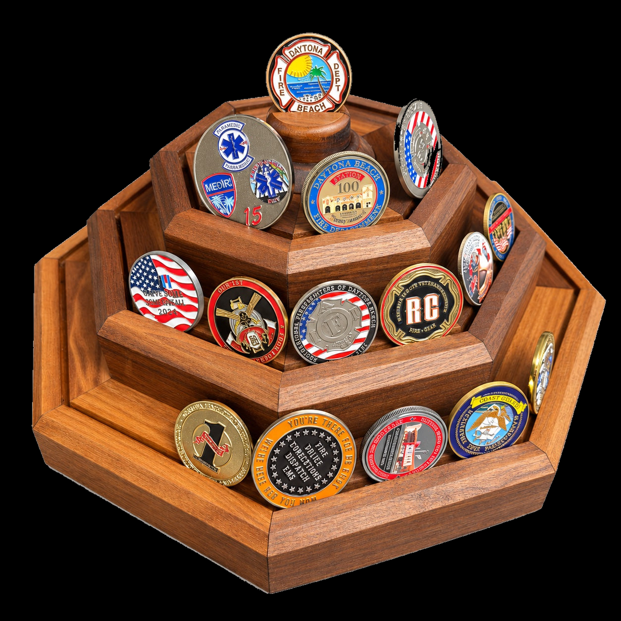 Finished BraveCraft three-tier black walnut challenge coin display filled with assorted challenge coins; coins shown for illustration and not included.