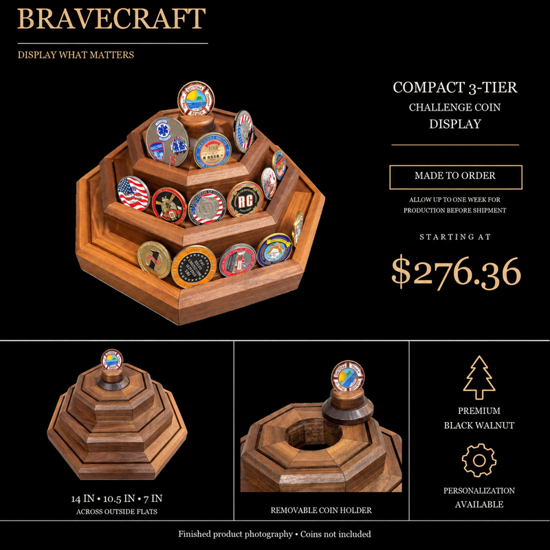 BraveCraft compact three-tier black walnut challenge coin display. Starting at $276.36. Coins not included.