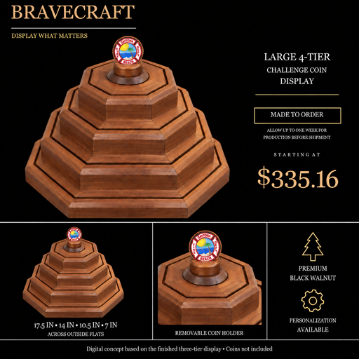 BraveCraft Grand four-tier black walnut challenge coin display. Special order starting at $335.16. Coins not included.