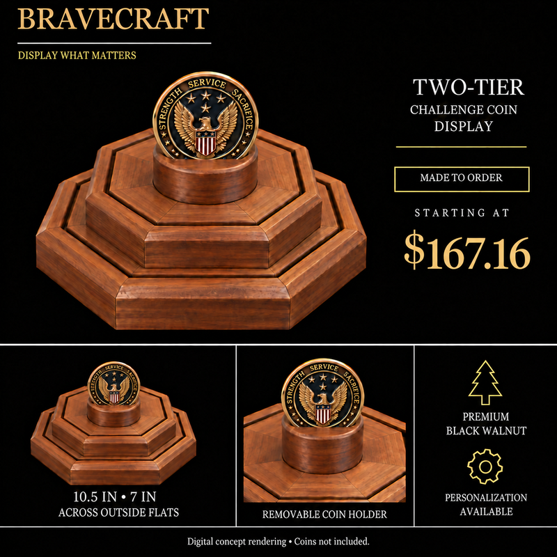 BraveCraft two-tier walnut challenge coin display digital concept. Starting at $167.16. Coins not included.
