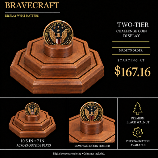 BraveCraft two-tier walnut challenge coin display digital concept. Starting at $167.16. Coins not included.